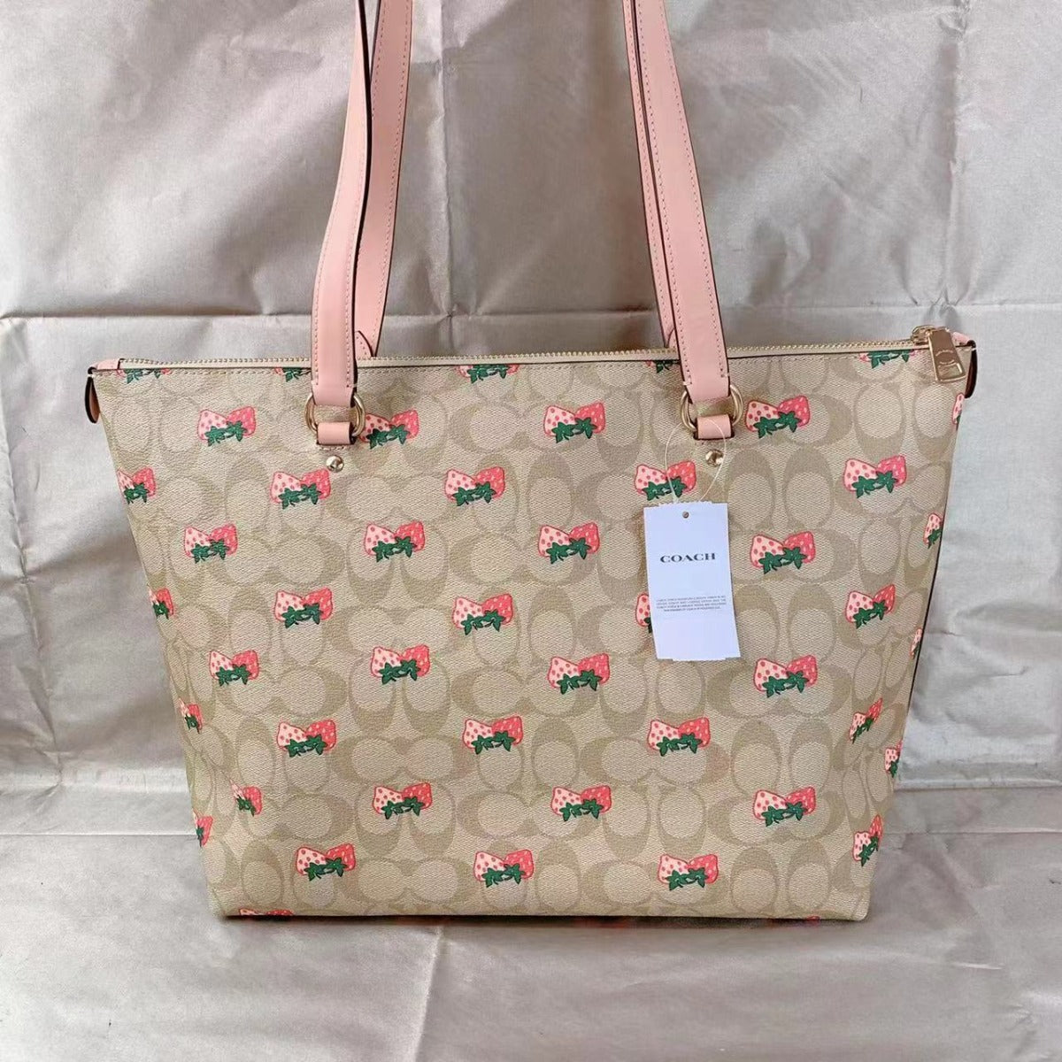 Coach CB595 Gallery Tote In Signature Canvas With Strawberry Print In Gold/Light Khaki Multi Coach CB595 Gallery Tote In Signature Canvas With Strawberry Print In Gold/Light Khaki Multi